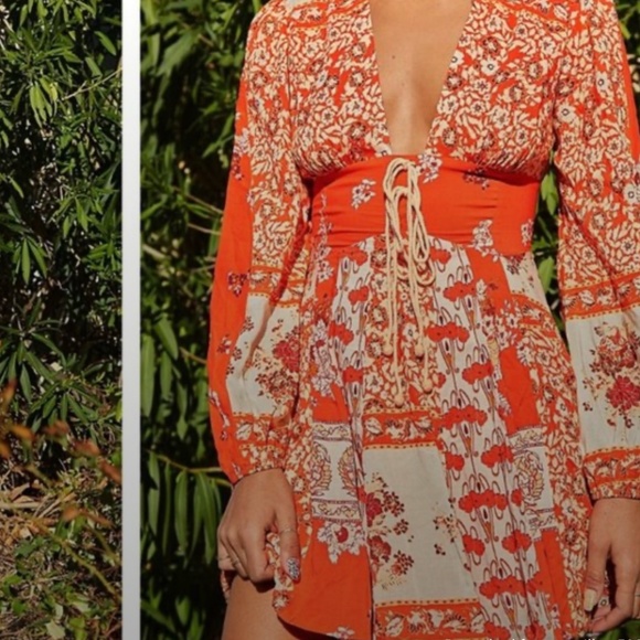 Free People Red and Cream Mixin It Up Floral Mini Dress Size Small - Picture 2 of 9